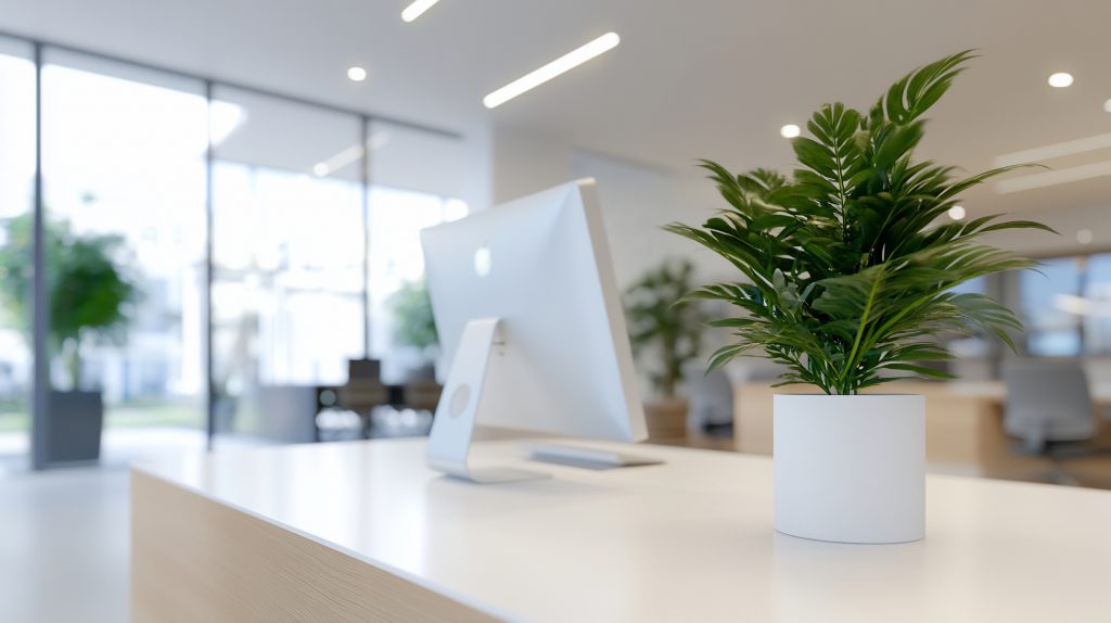 Trang chủ modern office reception area, plants, computer. possible use stock photo